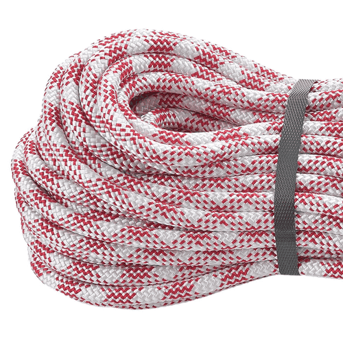 Corde Patron Plus blanche à rayures rouges, enroulée et fixée avec un ruban gris