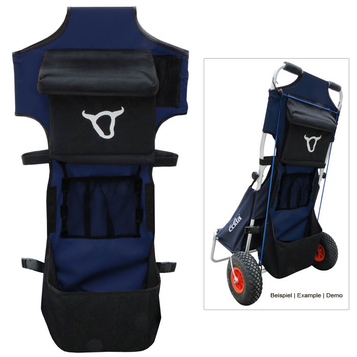 Chariot de plage Beach Rolly Dolly en bleu et noir avec un logo en forme de tête de taureau blanc à l’arrière, partiellement plié, avec roues rouges