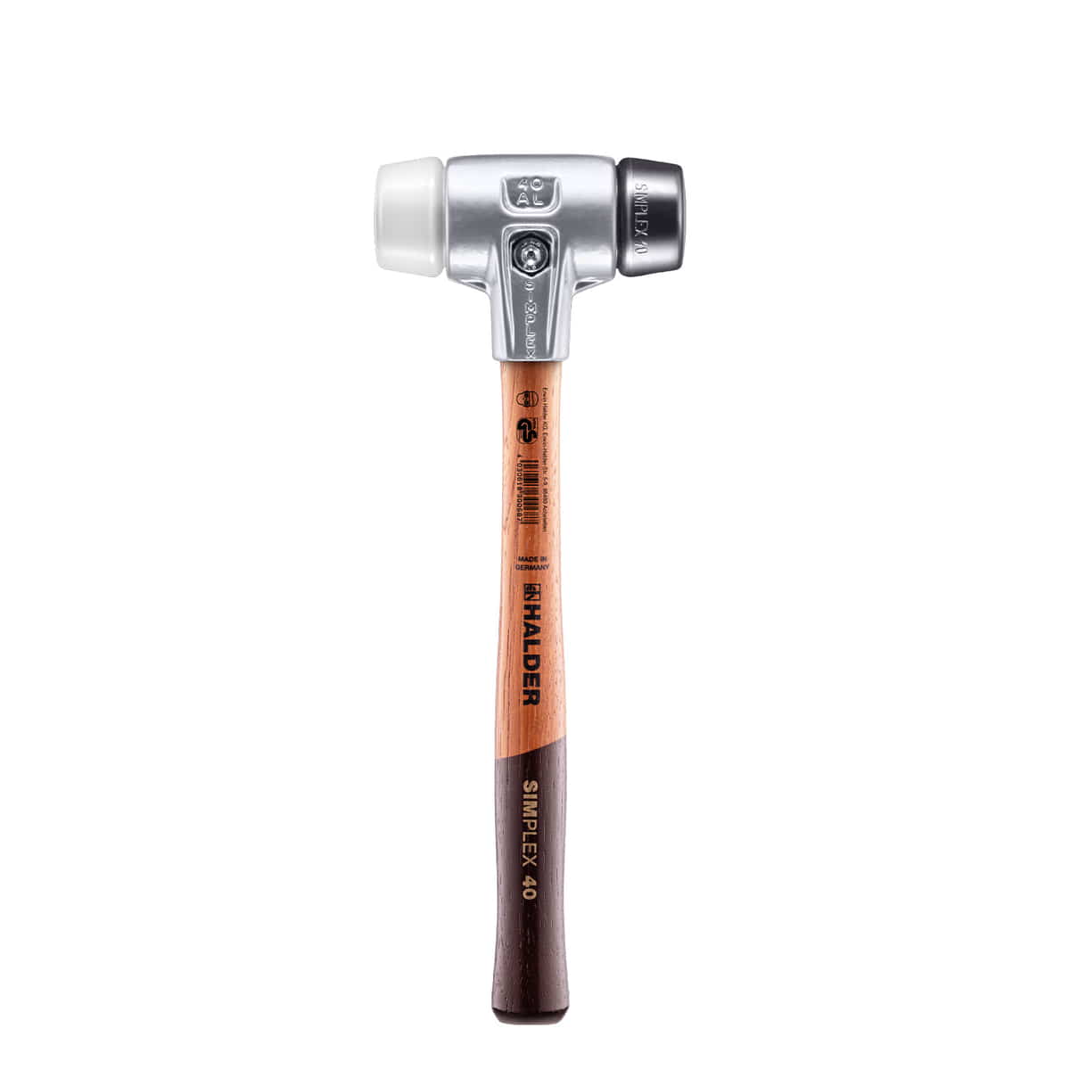 Marteau simplex à face souple 370 avec manche en bois, tête de marteau argentée et surfaces de frappe blanches et noires