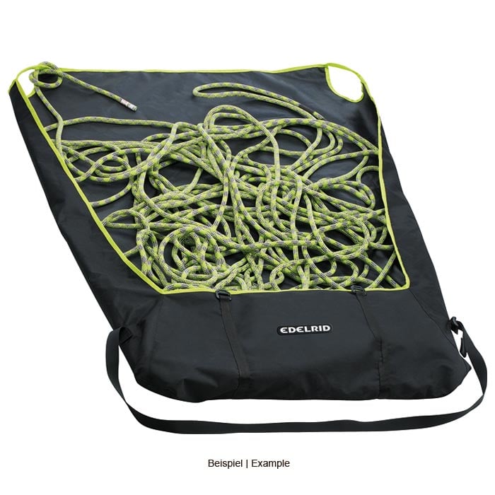 Le sac Edelrid Liner noir aux accents jaune-vert s’ouvre, à l’intérieur se trouve une corde d’escalade jaune-vert, le sac a deux poignées et une sangle de transport