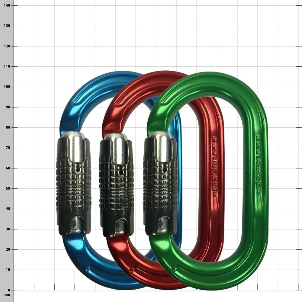 3 mousquetons Ultra O Color en bleu, rouge et vert avec fermoir argenté