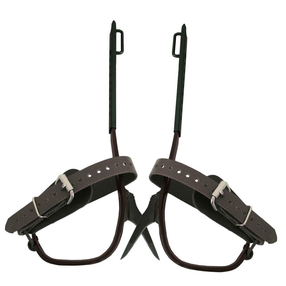 Crampons Buckingham Standard L avec brides marron et embouts en métal noir pour la fixation aux arbres