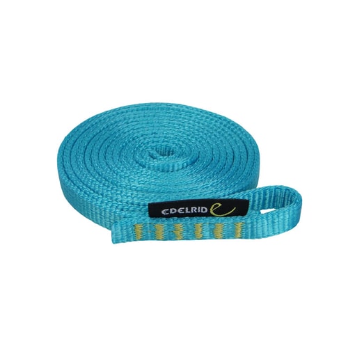 Tech Web d’Edelrid, une bande d’escalade bleue avec une étiquette noire et un marquage jaune