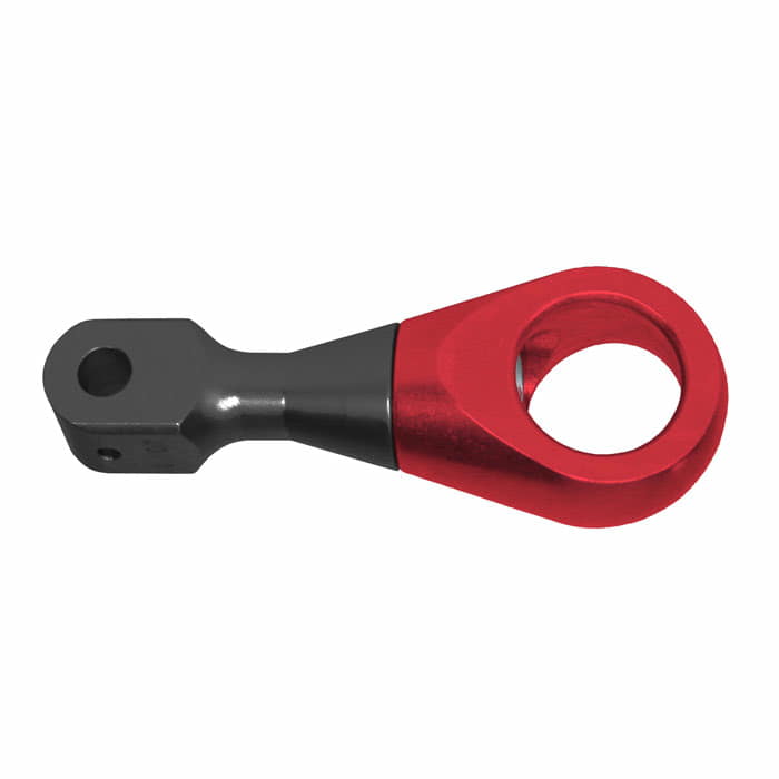 LockJack pivotant, pièce métallique rouge et noire avec trou rond et connecteur rectangulaire