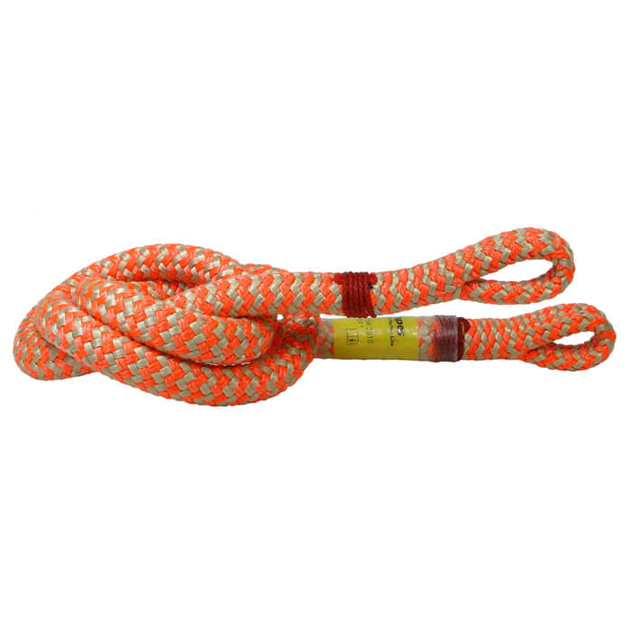 Corde Inco avec motif orange-beige et deux boucles aux extrémités, nom du fabricant non visible