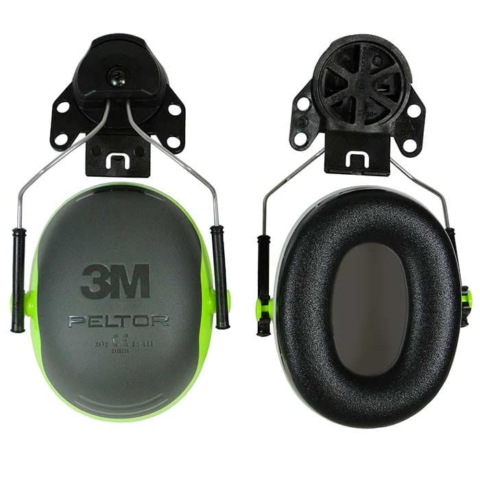 Protection auditive X4 Plug de 3M Peltor en gris et vert, avec branches et rembourrage noirs, vue avant avec logo 3M visible et vue arrière avec rembourrage intérieur noir