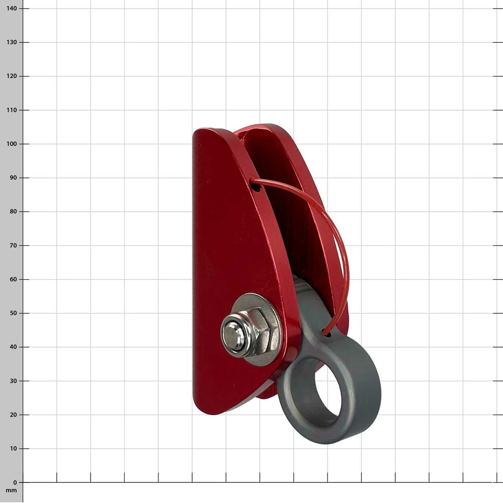 Mini pince-câble, dispositif de corde rouge avec anneau gris et fermoir en métal, vue oblique latérale