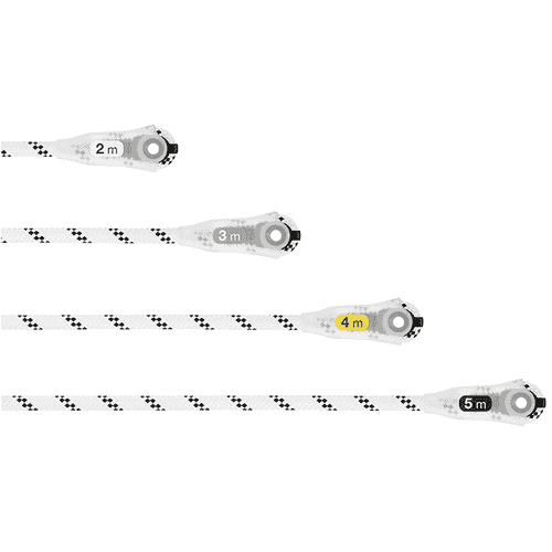 Grillon by Petzl, quatre sections de corde blanche de 2 m, 3 m, 4 m et 5 m de longueur sur éléments plastiques