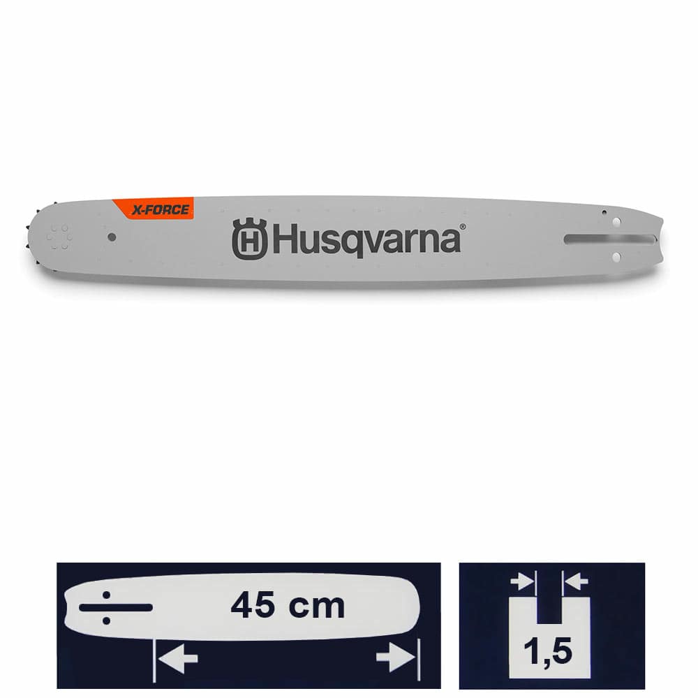 X-Force Rail 18 / 3/8 SM de Husqvarna, rail gris avec logo Husqvarna noir et lettrage X-Force orange, longueur 45 cm et largeur 1,5 mm illustré sur deux petites images symboliques