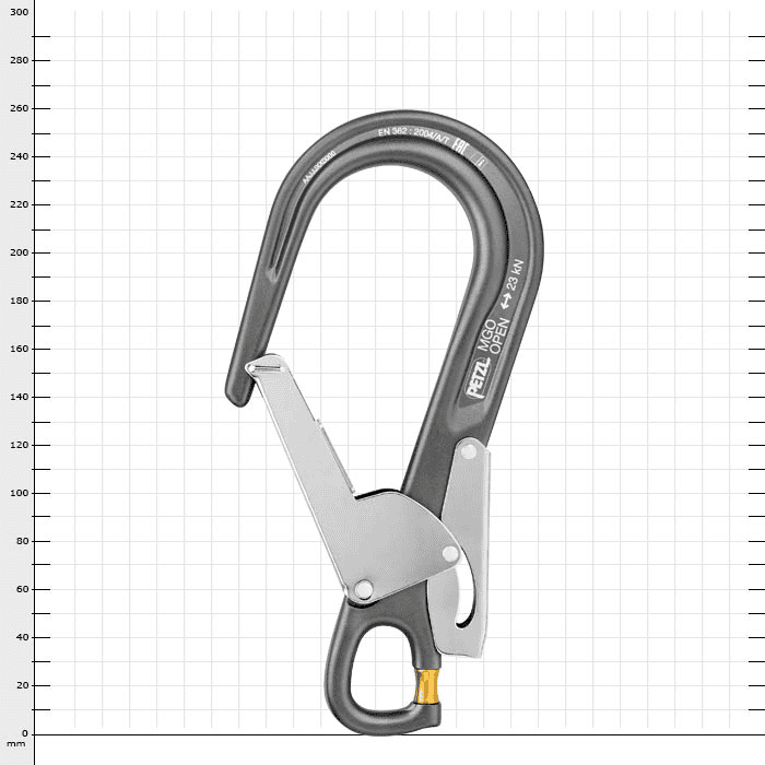 Mousqueton MGO Open 60 de Petzl en noir avec fermoir de sécurité argenté et verrou tournant jaune en bas, sur fond blanc