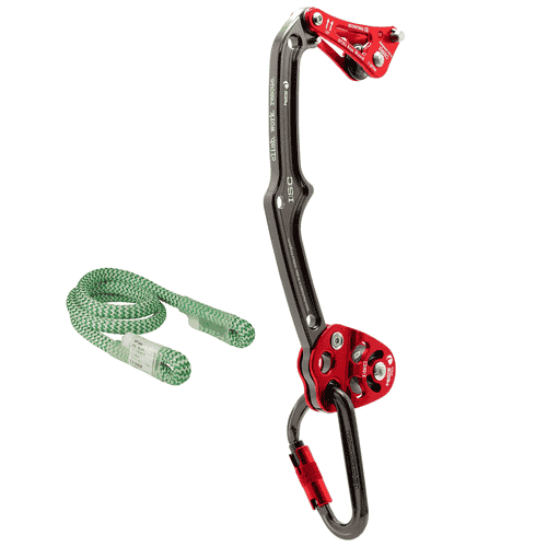 Clé à corde Squirrel EPI Regulations System Kit avec dispositif en métal rouge et noir, corde verte et blanche et mousqueton noir de ISIC, à côté corde verte aux extrémités blanches