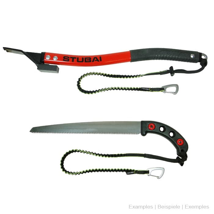 Laisse de sécurité pour outils d’Edelrid, des laisses de sécurité élastiques attachées à un outil rouge avec une poignée noire et à une scie avec une poignée noire
