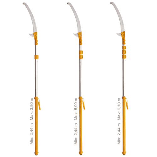 Trois scies à arbre Hayate 380 avec tiges télescopiques de différentes longueurs, toutes avec lame de scie incurvée et manche orange, chacune avec des dimensions de longueur de 2,44 m à 3,80 m, 5,00 m et 6,10 m