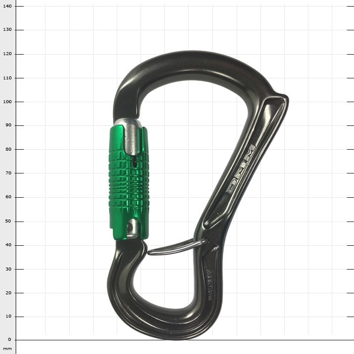 Mousqueton Ceros Locksafe avec capuchon à vis vert et corps en métal noir, fermé
