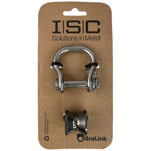 Ultra Link Large d’ISC, emballé sur du carton brun avec logo ISC noir et logo UltraLink, manille argentée et fixation à double poulie grise