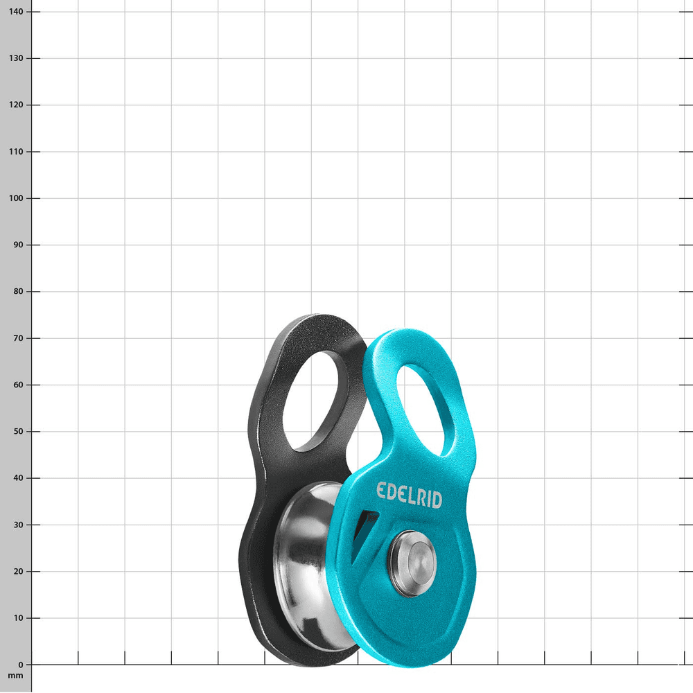 Edelrid Flux, poulie avec partie avant bleue et partie arrière noire, avec axe métallique et trou rond en haut