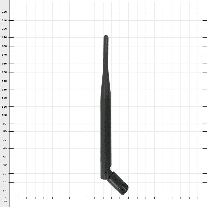 ECC Antenna 19, antenne noire avec articulée en bas, sur fond blanc avec lignes de grille