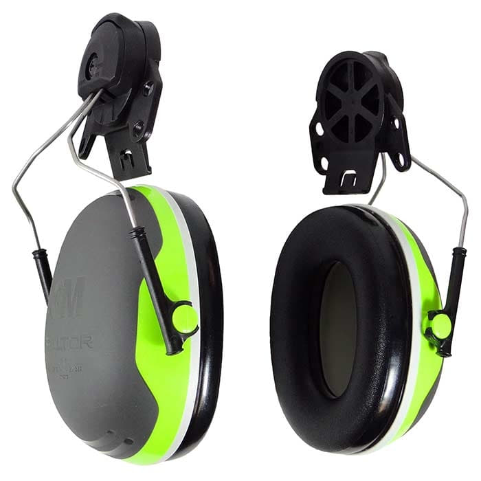 Protection auditive X4 Plug de 3M Peltor en gris et vert, avec branches et rembourrage noirs, vue avant et arrière
