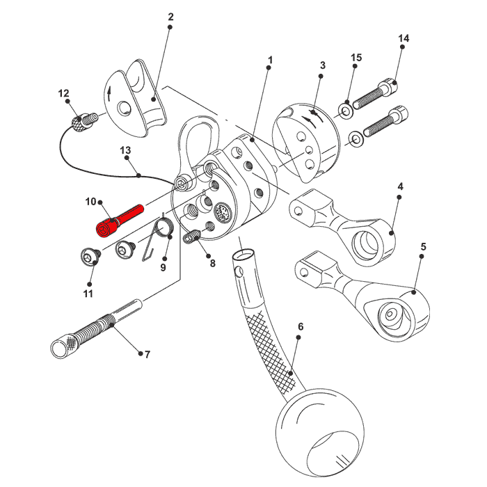 Dessin technique avec différents composants, marquage rouge sur la vis de roulement LockJack pour le montage du mousqueton