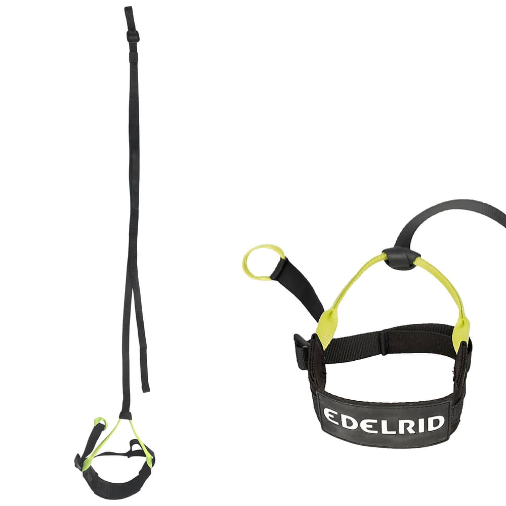 Prostep II d’Edelrid, un ensemble de via ferrata noir et jaune avec harnais et boucles, montré suspendu
