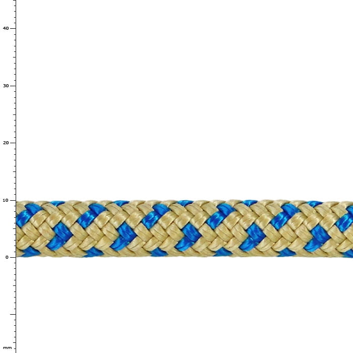 Élingue Bee-Line 10, gros plan d’une corde tressée beige et bleue avec motif et échelle de mesure en arrière-plan