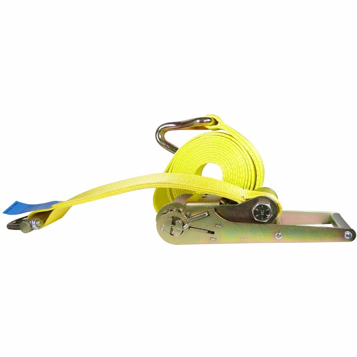 Sangle d’arrimage Duo Maxi avec sangle jaune et cliquet métallique, vue latérale, fabricant non visible
