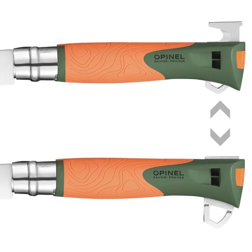 Deux couteaux Opinel N°12 Explore côte à côte avec lames partiellement déployées, manches orange et vert avec motif, fabricant Opinel
