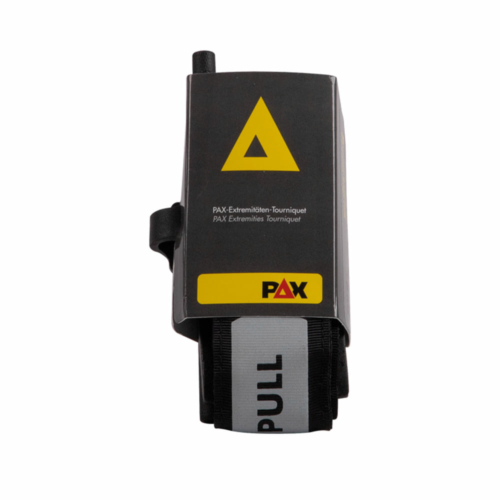 Garrot PAX avec manche noire et triangle jaune sur le devant, texte « PAX Extremity Tourgaret » et logo PAX jaune