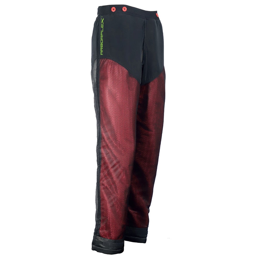 Pantalon Arborflex Base A en noir et rouge avec inscription verte « ARBORFLEX » et boutons rouges sur la taille