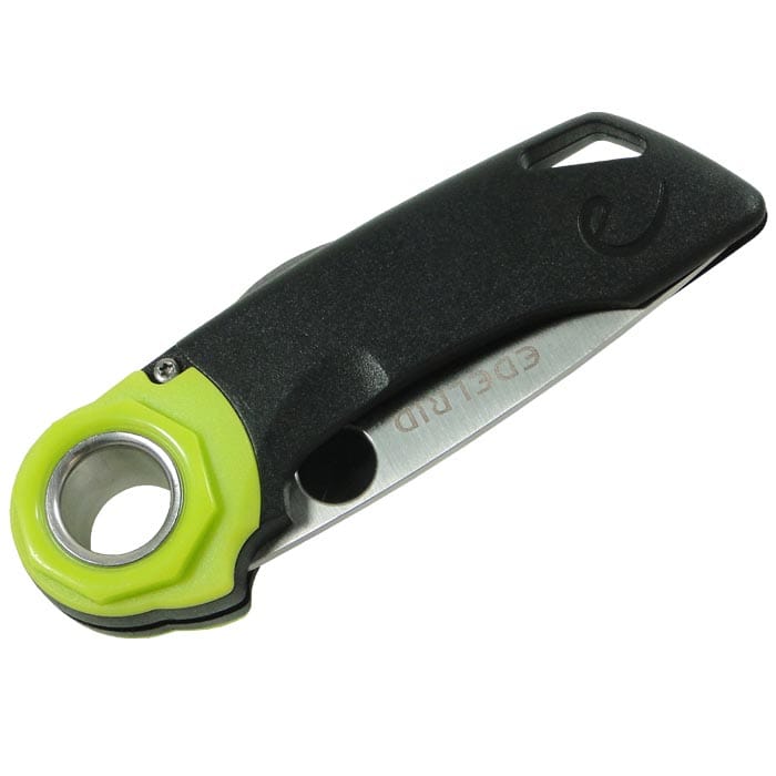 Couteau pliant en denture de corde d’Edelrid avec manche noir, accent vert et lame argentée partiellement pliée, photographié d’en haut