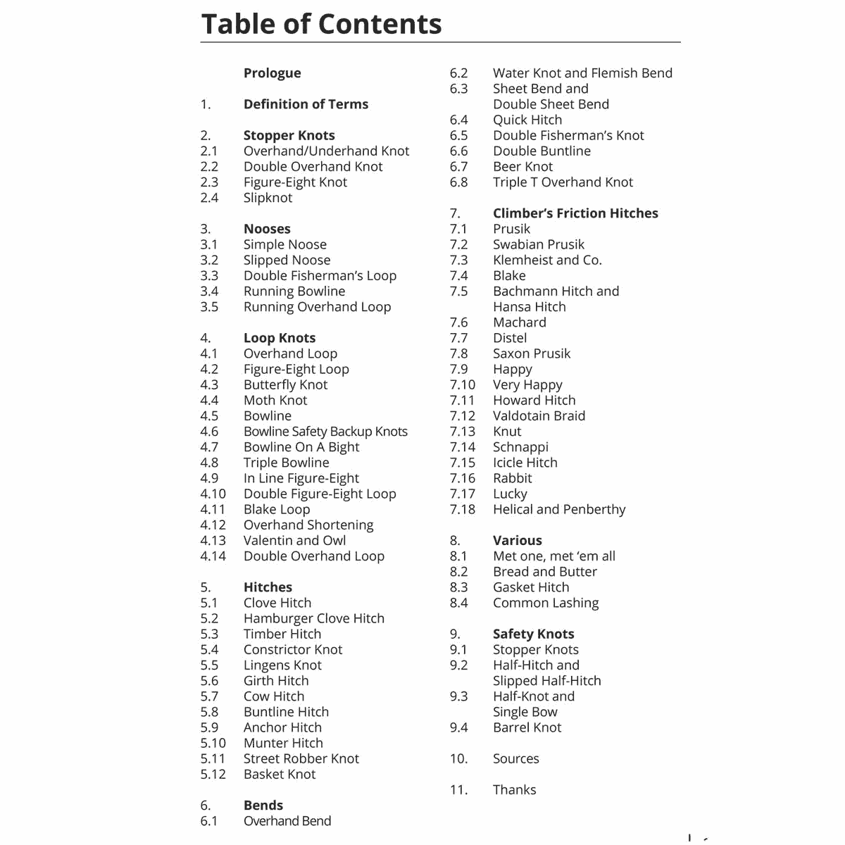 Table des matières en noir et blanc du Tree Climber’s Knotbook avec des chapitres et des sous-chapitres sur différents types de nœuds et techniques