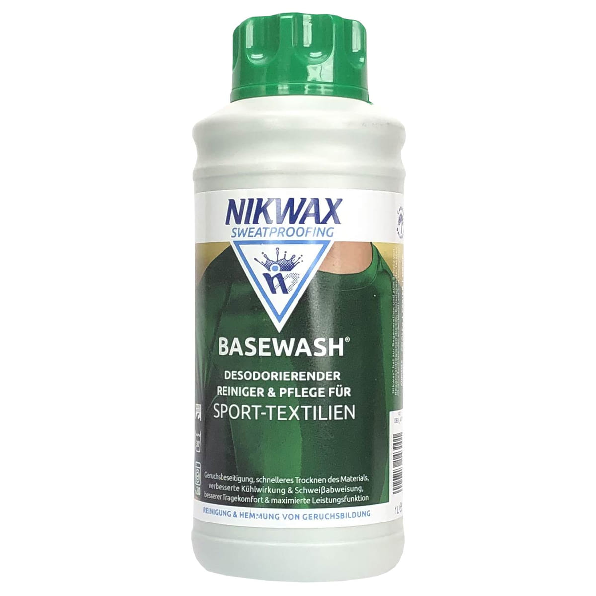 Flacon Nikwax Basewash avec couvercle vert, corps blanc et étiquette verte indiquant « Nettoyant désodorisant et soin pour textiles de sport »