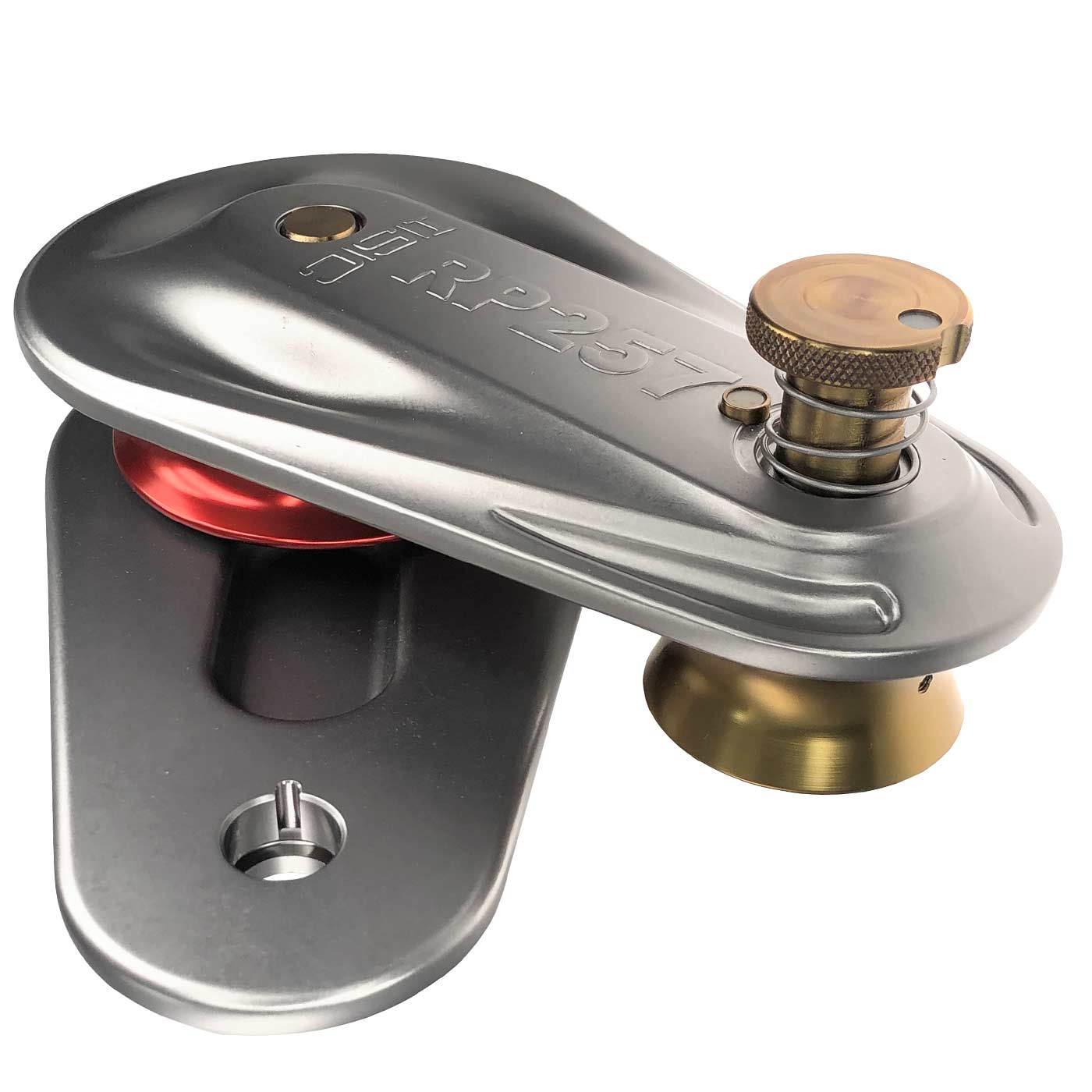 Grande poulie de gréement avec boîtier en métal argenté, bobine rouge et or, code produit RP257, horizontale