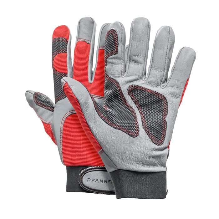 Gants de travail StretchFlex® Kepro en gris, rouge et noir avec poignets noirs et fermeture velcro, fabricant Pfanner