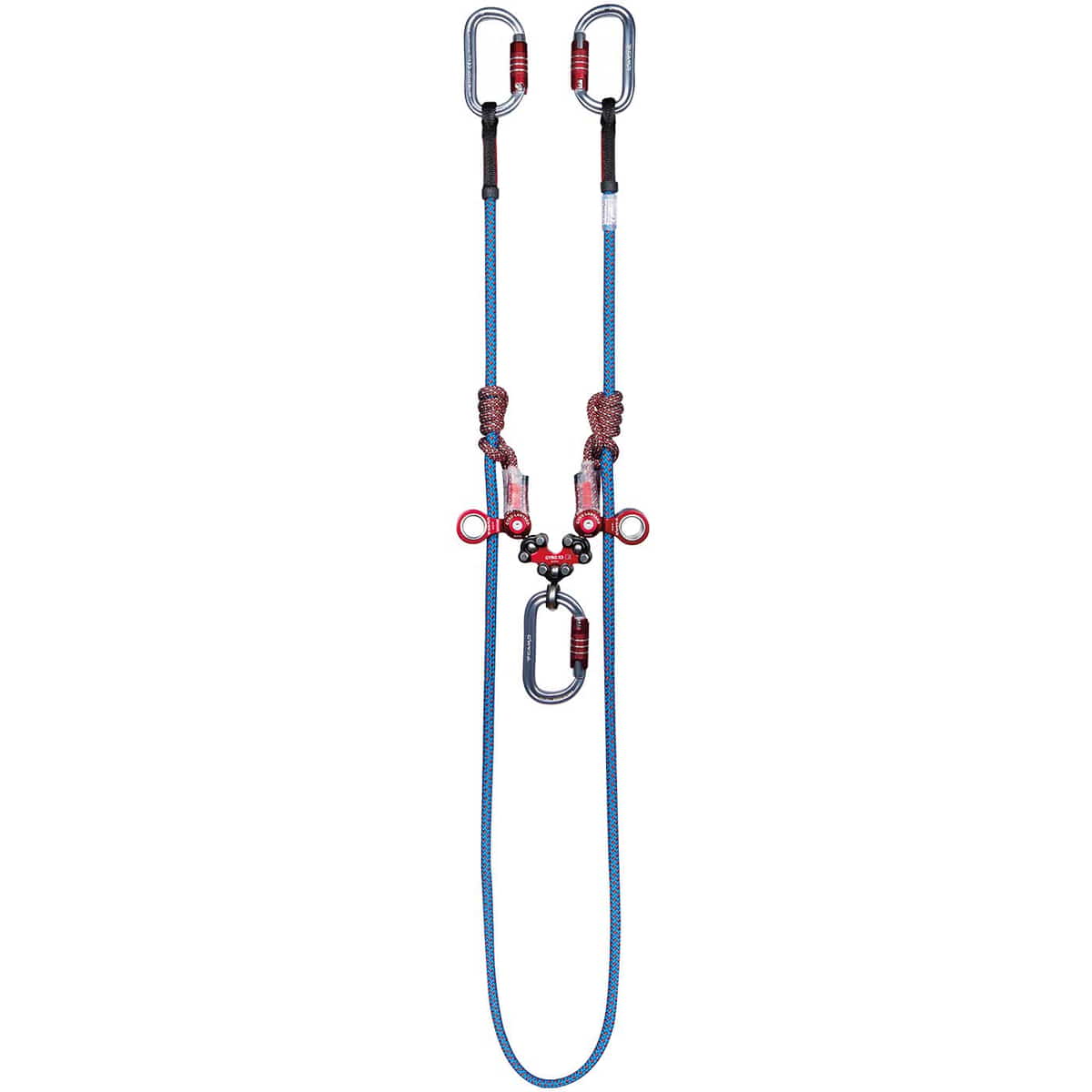 Longe gyroscopique Double, deux cordes d’escalade bleues et rouges avec rouleaux métalliques rouges, housse de protection noire et mousquetons gris avec fermeture rouge