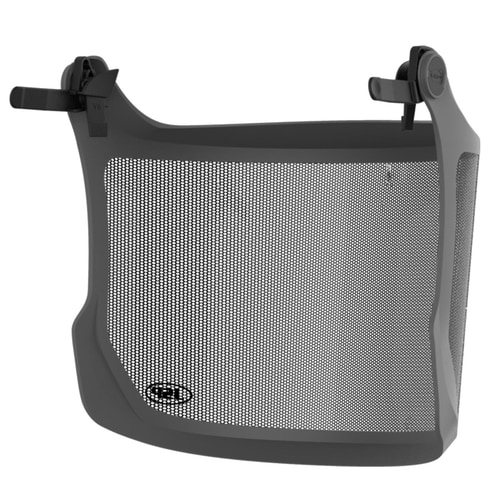 Visière forestière Evoguard M3 avec cadre gris et tissu en maille noire à l’arrière avec logo imprimé