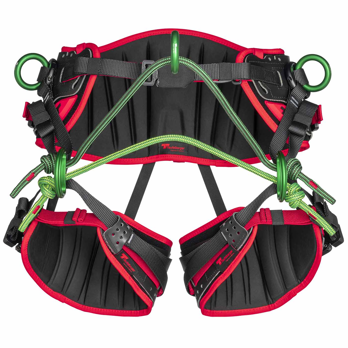 treeMOTION Pro X Harnais d’escalade avec coussin noir et rouge, anneaux métalliques verts et cordes vertes, fabricant Trufilanger