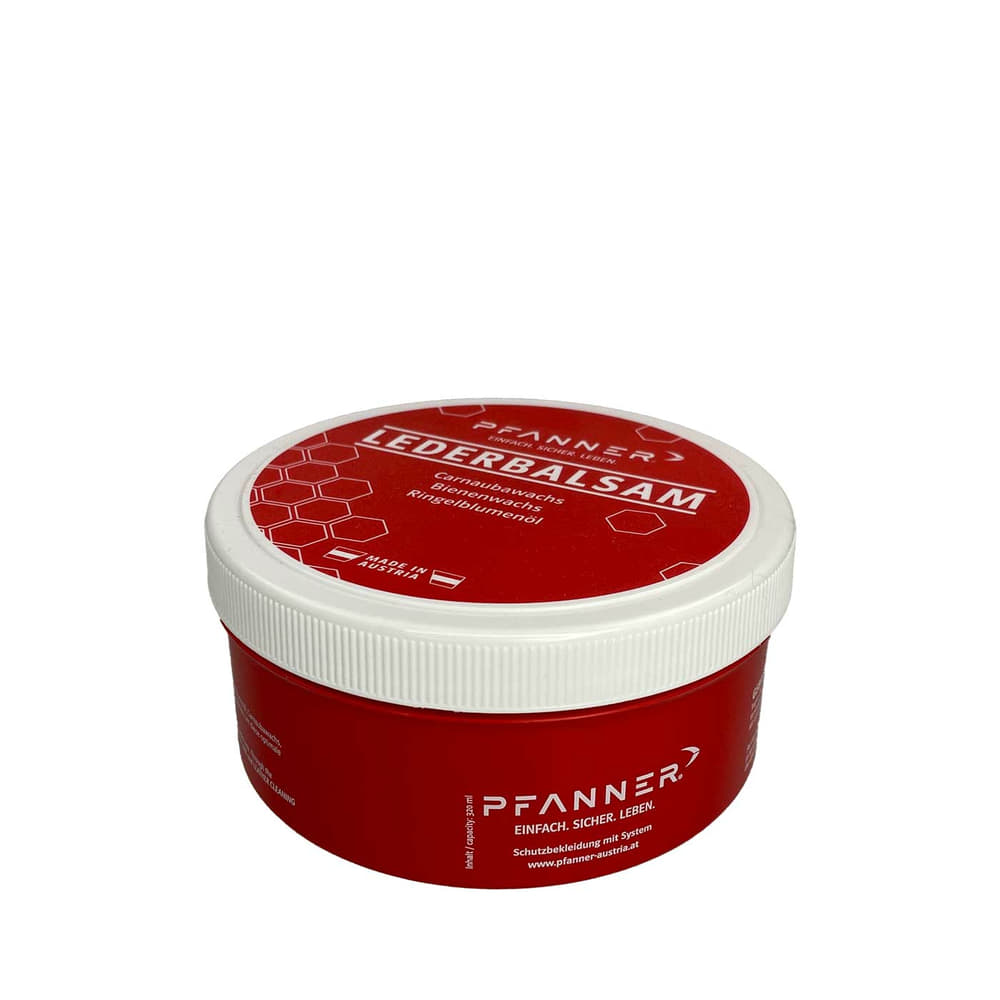Baume en cuir bio Pfanner dans un récipient rond en plastique rouge avec bouchon à vis blanc, baume pour cuir inscription et ingrédients, fabriqué en Autriche