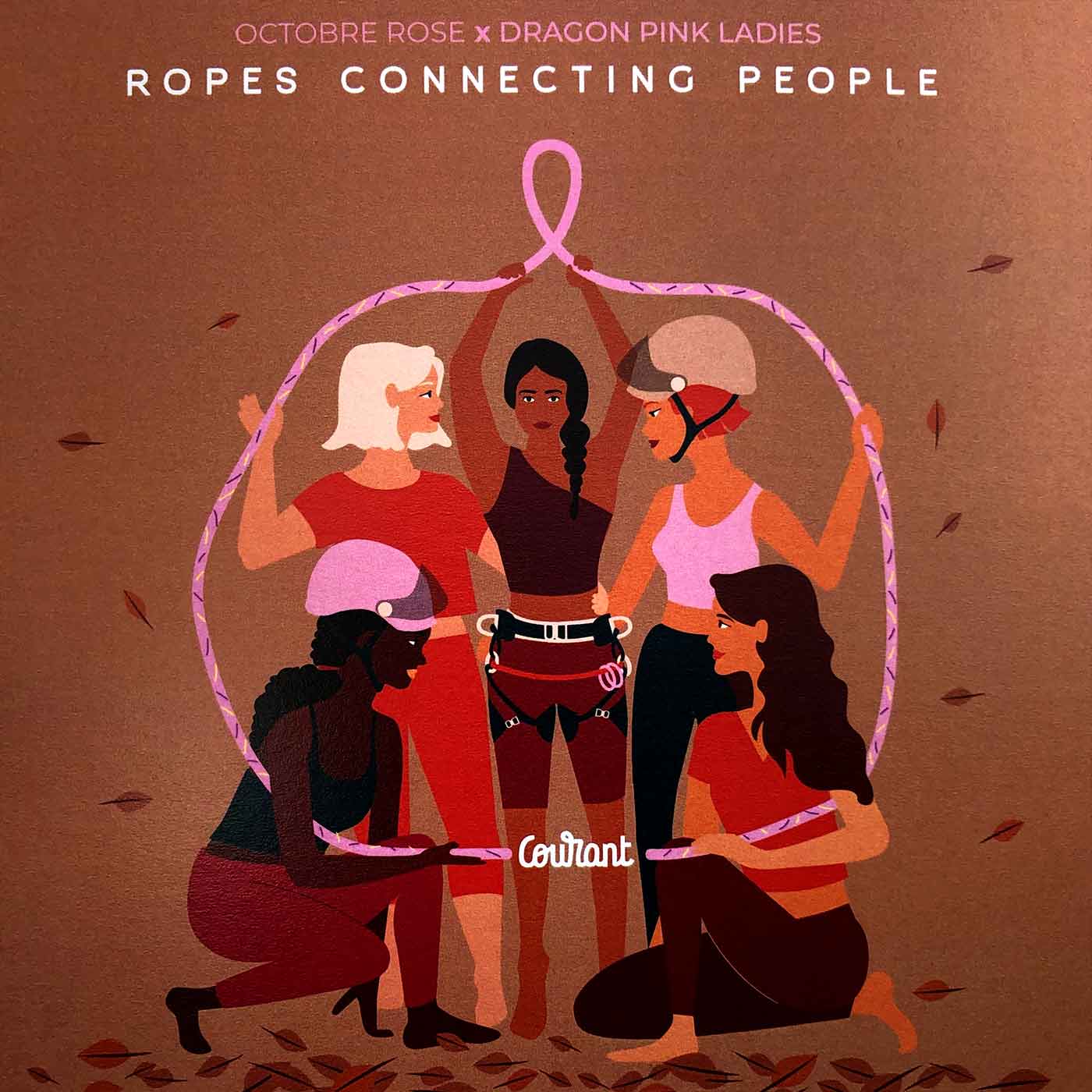 Illustration de cinq femmes tenant une corde rose en forme d’arc avec le texte « Octobre Rose x Dragon Pink Ladies Ropes Connecting People » et le logo « Courant » en bas au centre