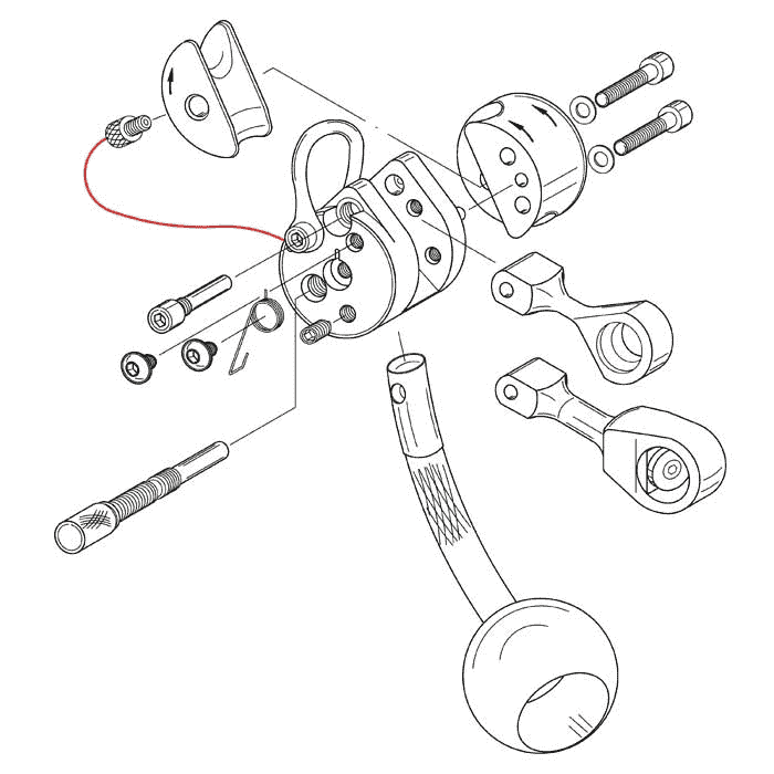 Dessin technique d’un composant mécanique avec plusieurs pièces individuelles, y compris des vis, des leviers et un filetage rouge, pas de fabricant visible