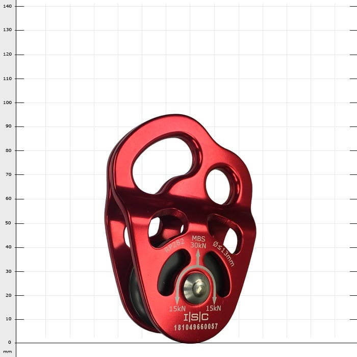 Poulie à câble rouge Phlotich avec plusieurs ouvertures et roue noire, fabricant Phlotich, type poulie à câble, dos avec spécifications techniques et logo du fabricant