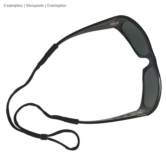 Lunettes de soleil noires avec sangle de lunettes, pas de spécifications du fabricant, vue de dessus avec sangle de lunettes visible