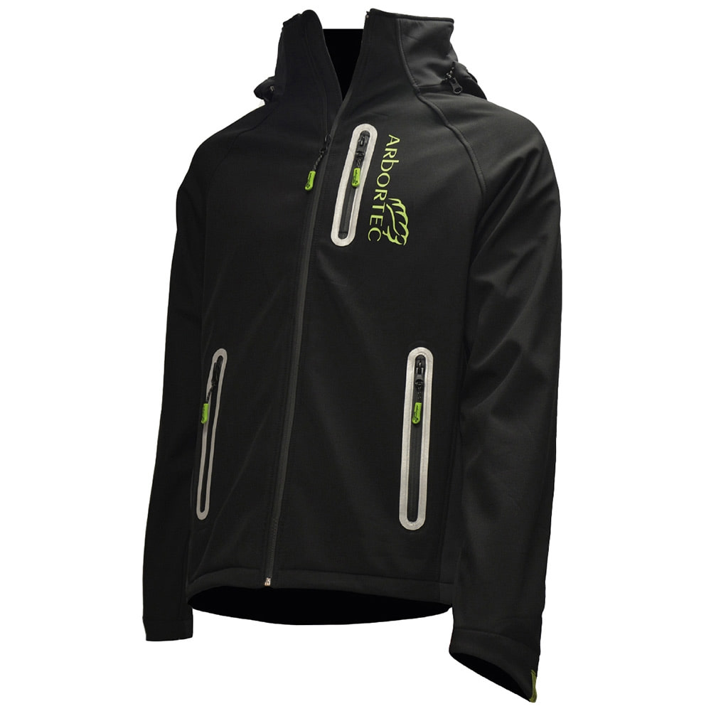 Veste Caïman noire d’Arbortec avec trois poches zippées et logo vert sur la poitrine