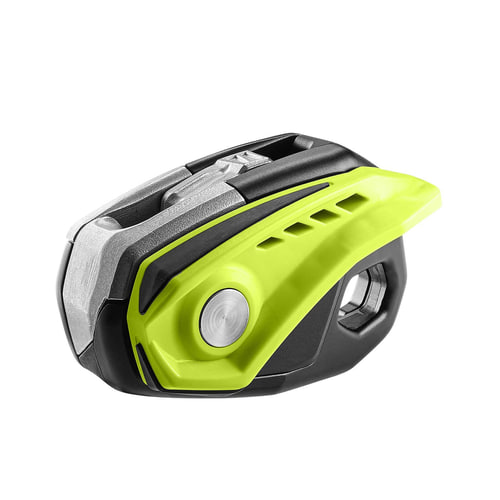 Dispositif de sécurité Edelrid Megawatt en noir et vert fluo avec partie métallique visible et bouton argenté, vue latérale sur fond blanc