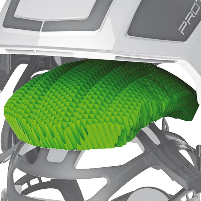 Casque d’escalade PROTOS en blanc avec insert vert en forme de nid d’abeille à l’intérieur