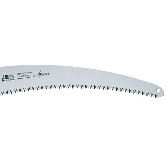 Lame de scie CTR-32 Pro d’ARS, lame métallique incurvée avec dents dentelées et trou à l’extrémité, étiquetée « ARS Made in Japan » et autres informations
