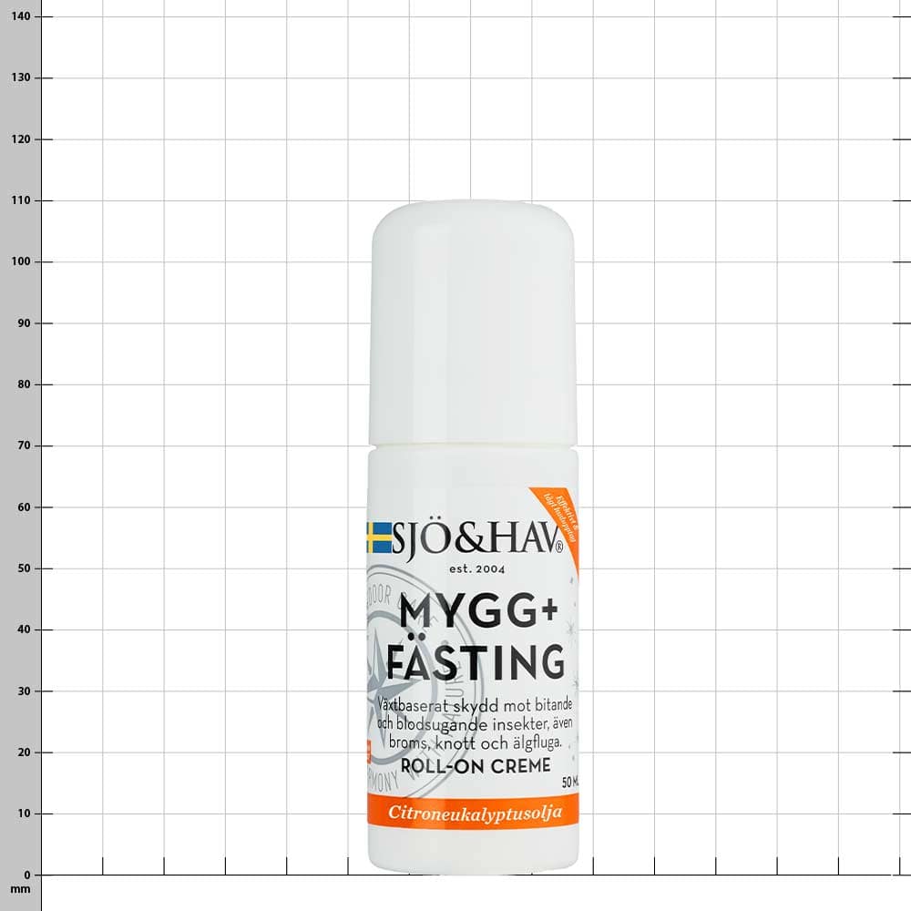 Mücke+Zecke Roll On, flacon roll-on blanc avec inscription SJÖ&HAV MYGG+FÄSTING et marquage orange