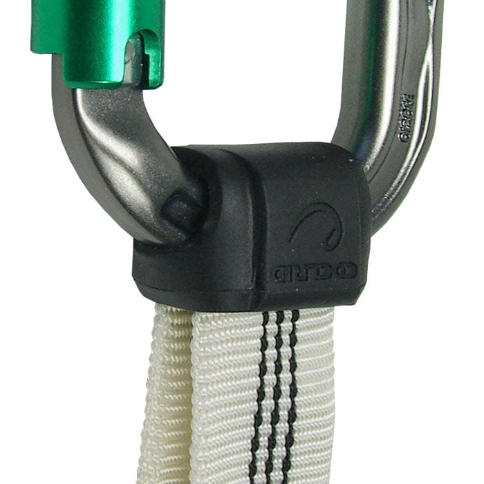 Antitwist 26 d’Edelrid, pièce en plastique noir sur mousqueton en métal avec fermeture verte et sangle blanche à rayures noires