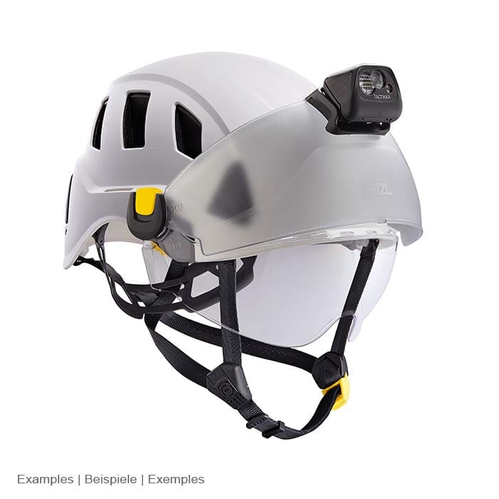 Casque PETZL Strato Vent blanc avec visière transparente et lampe frontale montée