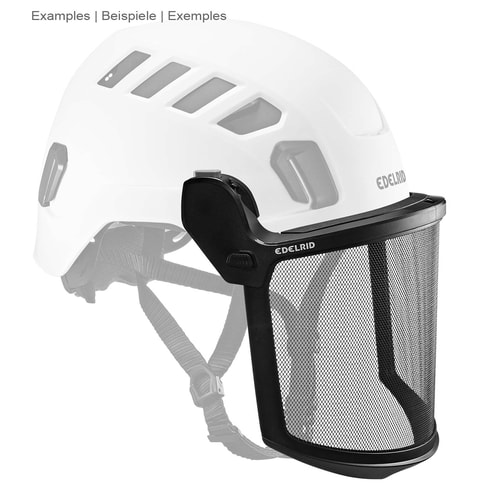 Visière Edelrid Mesh avec cadre noir et tissu en maille attaché à un casque blanc